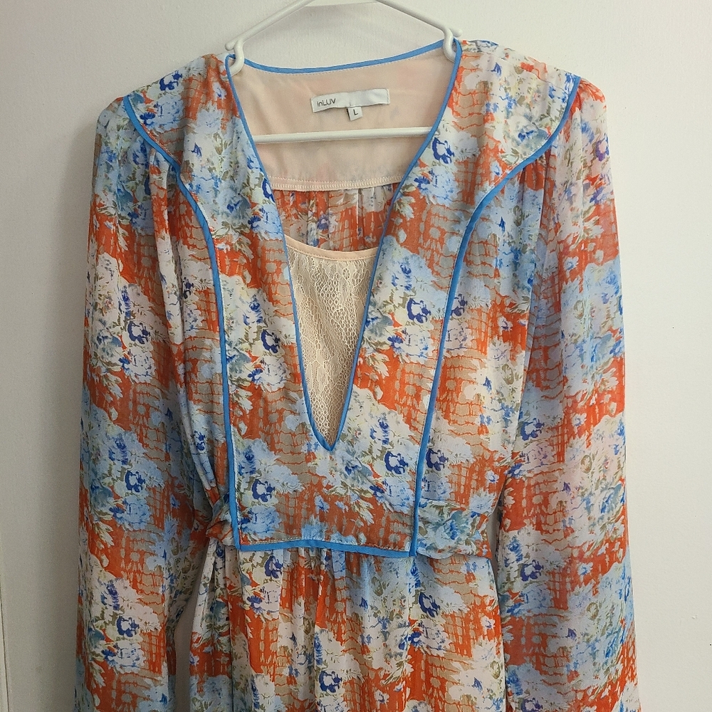 Women's Colorful Relaxed Travel Work Office Long Sleeve Midi Dress Sz L